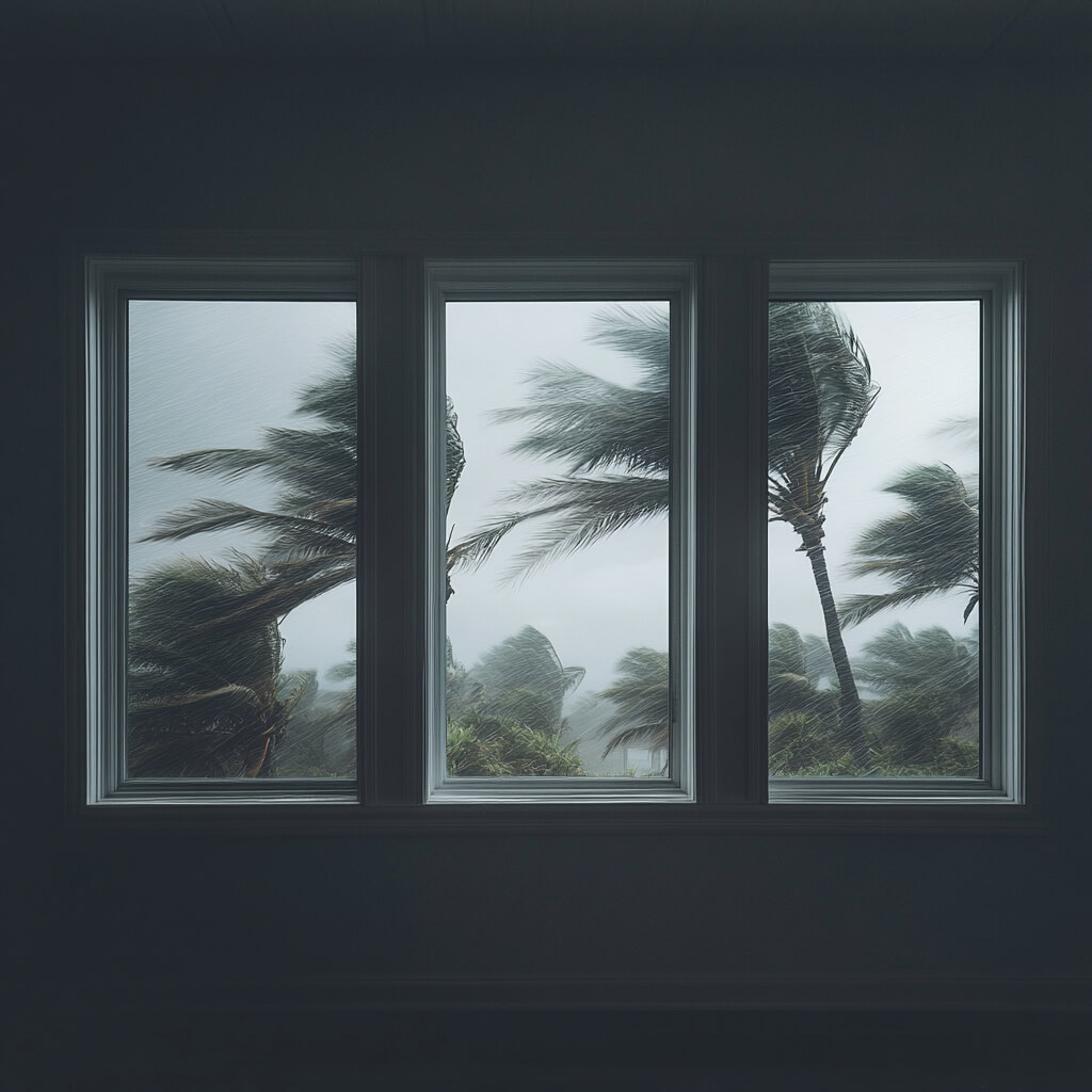 window-replacement-sarasota-fl-impact-resistant-window Severe storm with palm trees whipping in the wind outside a home window, underscoring the importance of impact-resistant window replacement Sarasota, FL.