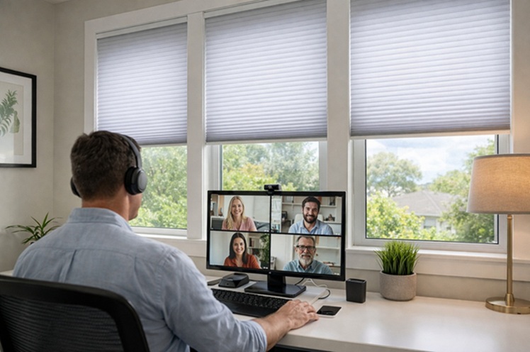 Home office setup with a person seen from behind wearing headphones, sitting at a desk, and participating in a video call on a computer monitor; three large window replacements in Bradenton, FL, with light-filtering shades that reduce glare, while soft daylight illuminates a clean, modern workspace with a plant and desk lamp.
