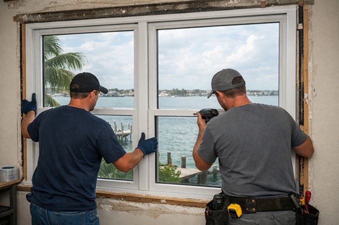 Longboat Key, FL replacement windows and doors installation in a waterfront home, showing professionals fitting impact-resistant windows overlooking a coastal bay, designed for durability against salt air, moisture, and strong winds