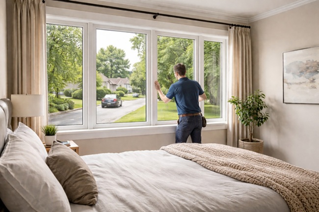 Modern bedroom with noise-reducing replacement windows overlooking a suburban street, illustrating window replacement in Bradenton, FL for homes near busy roads