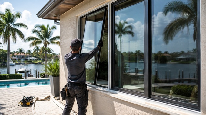 Low-E glass window installation on Florida waterfront home reducing heat and glare