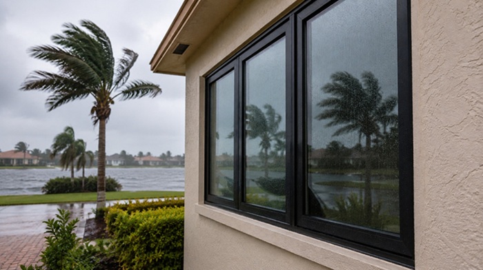 Hurricane impact window resisting wind-driven rain during severe Florida coastal storm