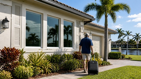 Seasonal homeowner returning to Florida house with impact windows for storm and security protection