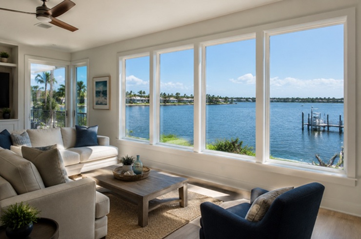 Waterfront living room with large windows, blue bay view, neutral decor, natural sunlight.