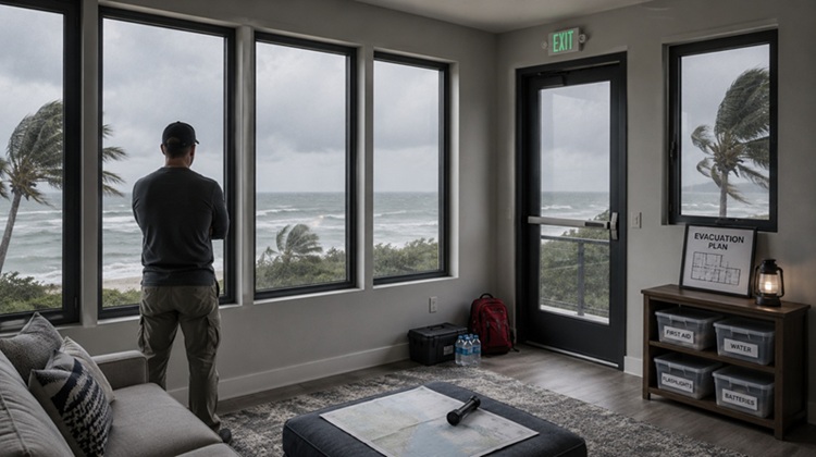 Impact-rated evacuation room windows overlooking severe coastal storm with clear emergency exit access.