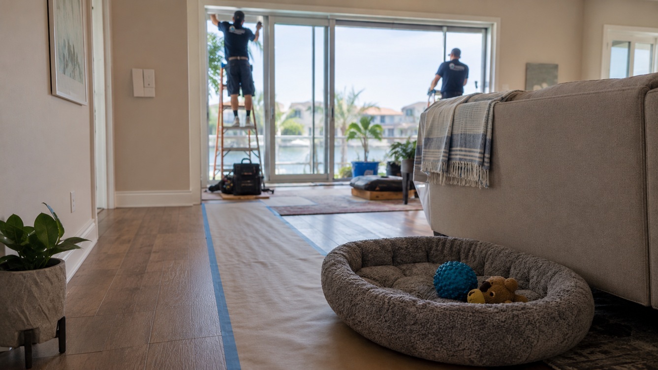 Workers installing replacement windows in a Longboat Key, FL home