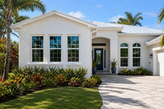 Florida home with decorative window grids enhancing curb appeal and modern architectural style.