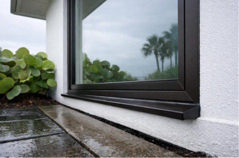 Close view of a slim bronze aluminum picture window with sealed sill flashing on a rain-dampened white stucco coastal home