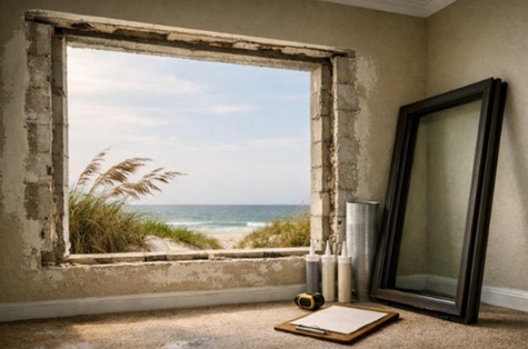 Prepared block-and-stucco coastal window opening with a new bronze impact frame and flashing materials before installation