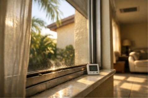 Deteriorated weatherstripping on an older sun-exposed Florida window beside a thermometer in a warm living room