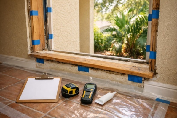 Protected interior floor and exposed window opening being measured for replacement and sill-condition review in a Florida home.