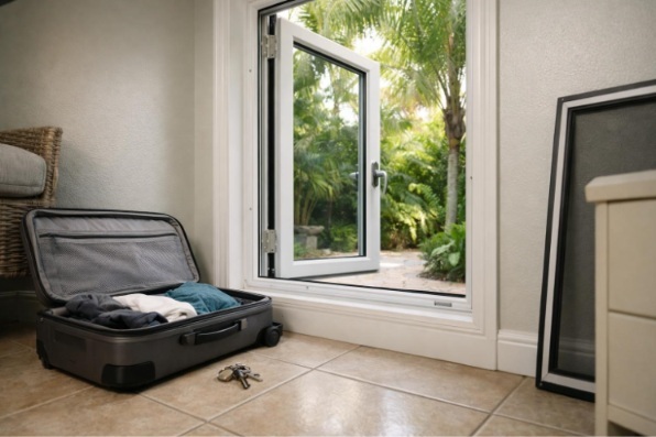 New impact casement window with secure latch and removed screen during a seasonal home walkthrough before departure.