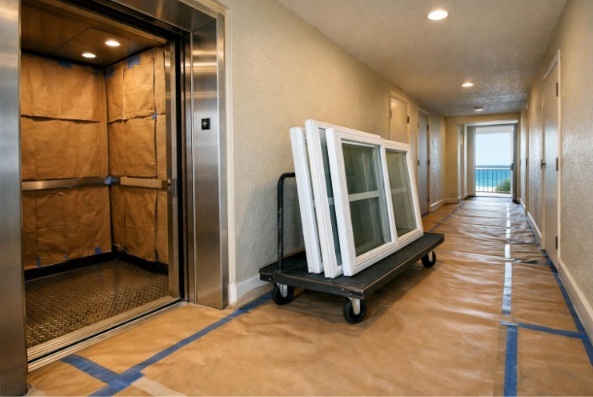 Protected condo service elevator and hallway prepared to move replacement windows toward a waterfront unit