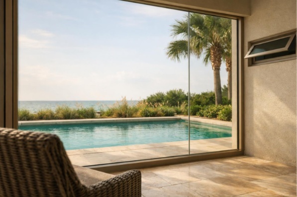 Wide impact window panels in a Florida lanai preserve an open pool view while a side awning window provides ventilation.