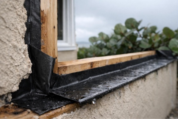 Sloped sill pan flashing drains rain outward at an exposed Florida replacement window opening beside stucco.